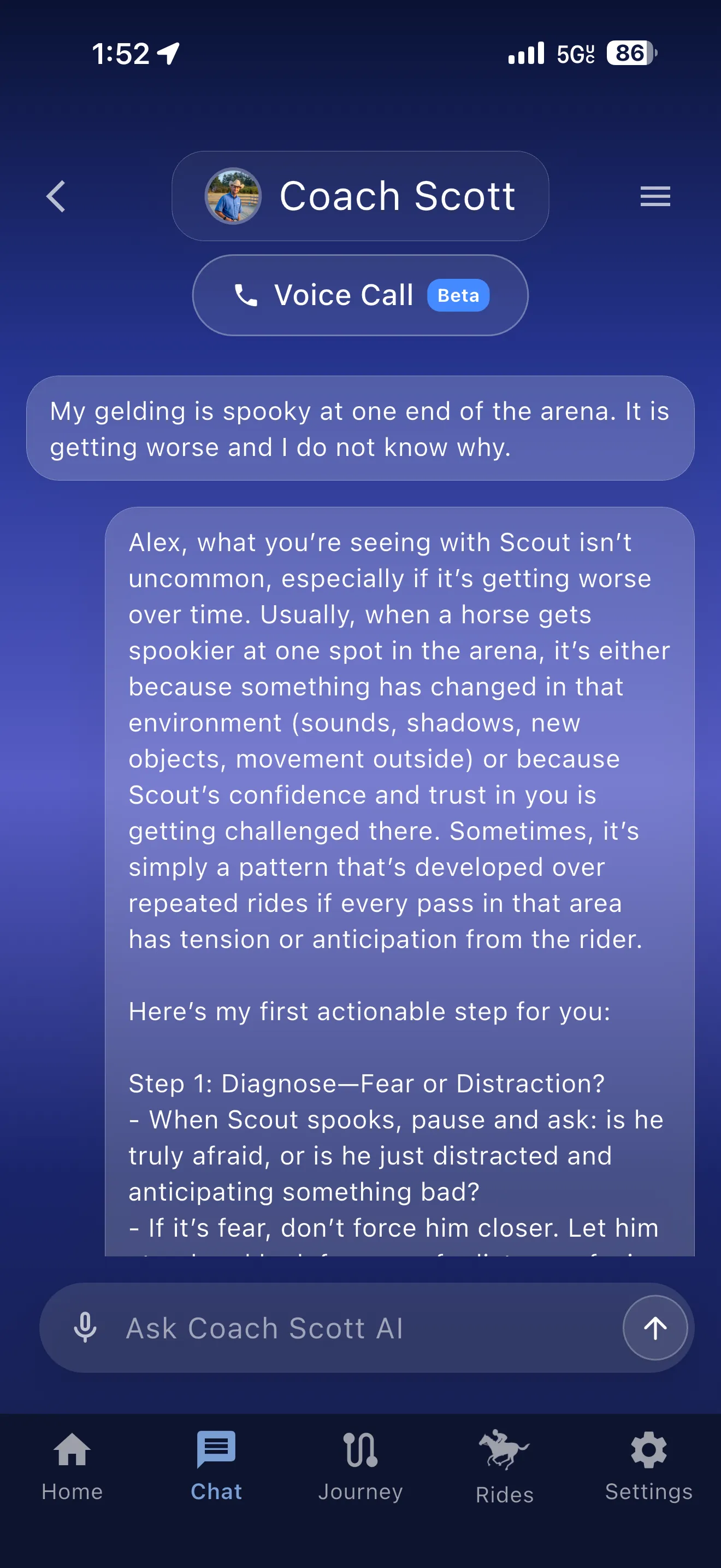 Coach Scott AI chat inside the Rider's Way App