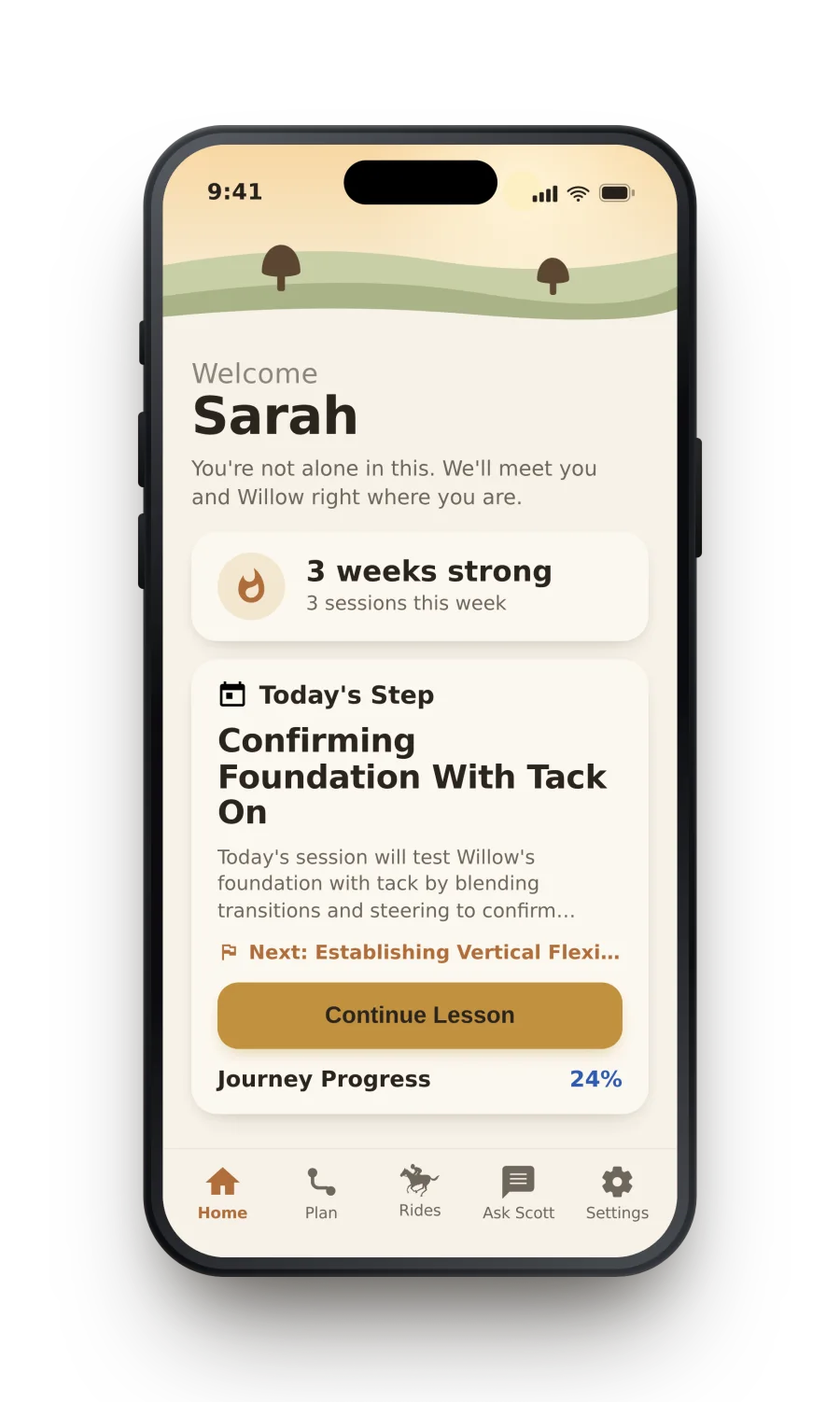 Current Rider's Way home screen showing today's session and goal journey progress