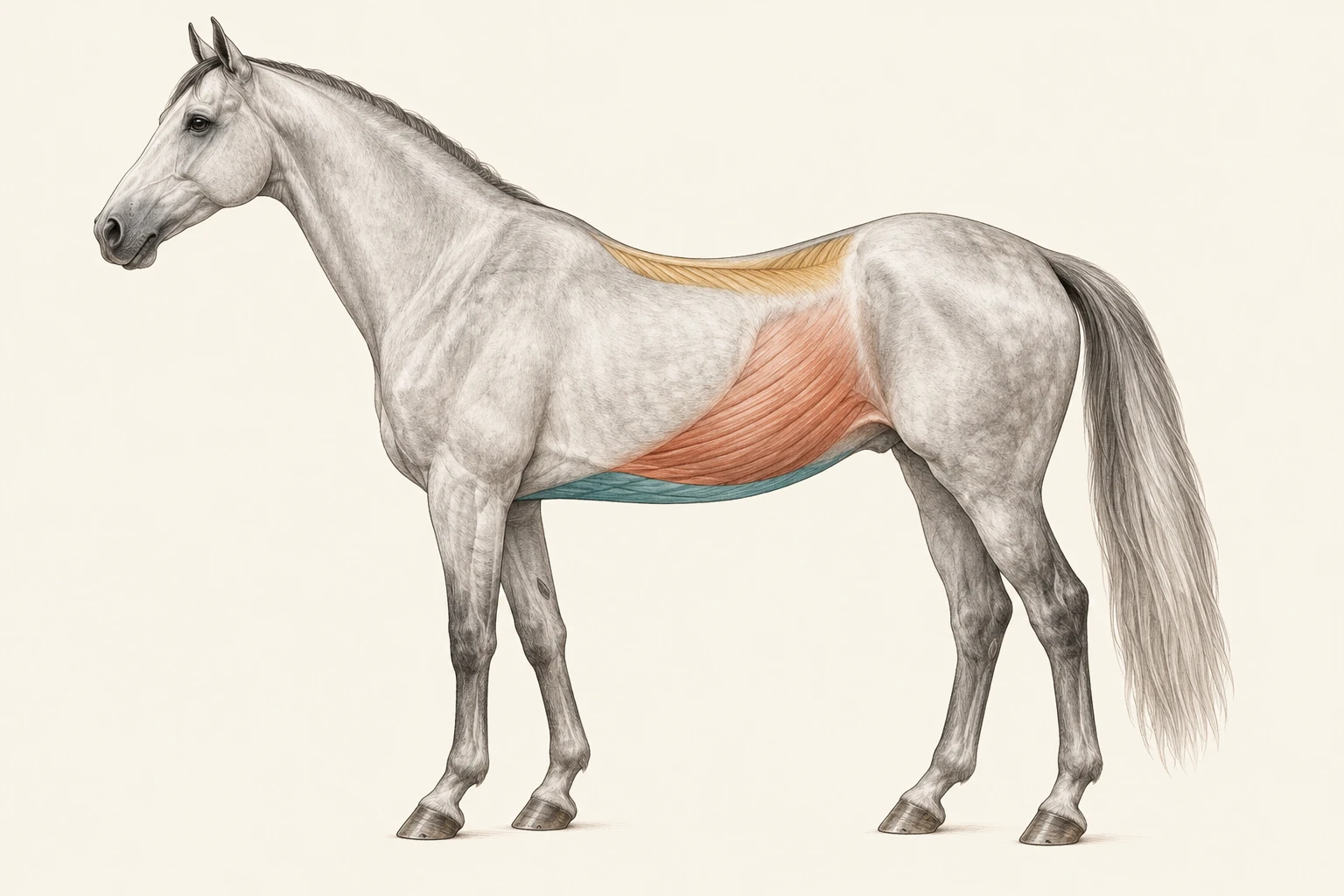 Side-view horse illustration highlighting the rectus abdominis beneath the belly in teal, external abdominal oblique along the abdominal wall in terracotta, and the deep spinal-support region in gold.